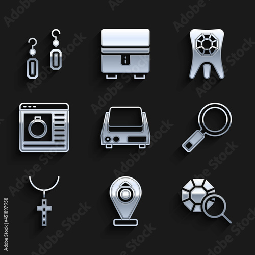 Set Electronic jewelry scales, Jewelry store, Gem stone, Magnifying glass, Christian cross chain, online shopping, Tooth with diamond and Earrings icon. Vector