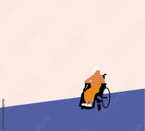 Elderly woman sitting in a wheelchair. Senior citizens, retired grandparents, old-age pensioners with disabilities. Vector flat style cartoon.