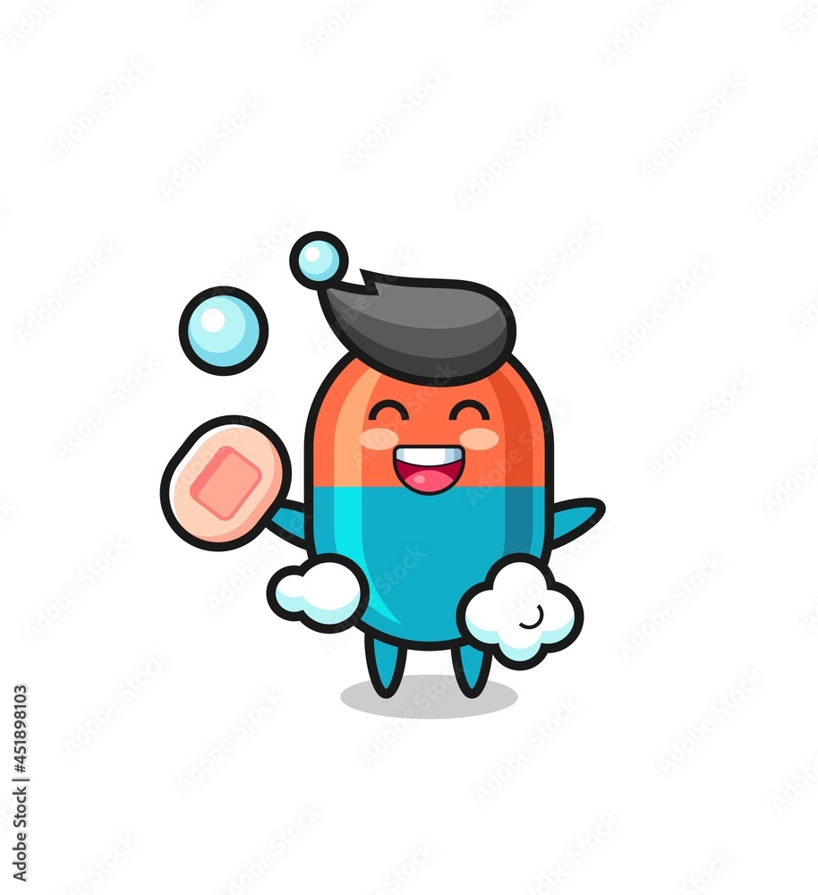 capsule character is bathing while holding soap