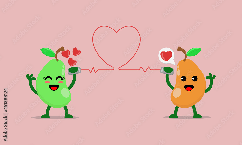 Illustration vector cartoon character of cute mango says fall in love with each other through the cans phone. Suitable for design of valentine's day and romance Illustration vector cartoon character of cute mango says fall in love with each other through the cans phone. Suitable for design of valentine's day and romance