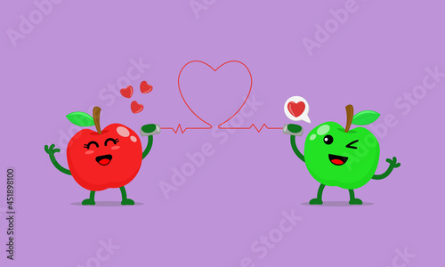 Illustration vector cartoon character of cute apple says fall in love with each other through the cans phone. Suitable for design of valentine's day and romance