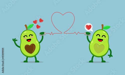 Illustration vector cartoon character of cute avocado says fall in love with each other through the cans phone. Suitable for design of valentine's day and romance