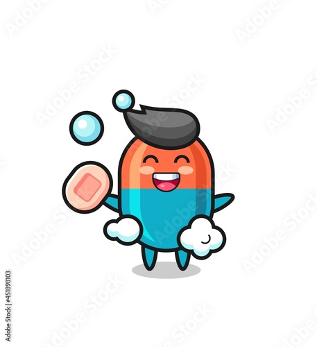 capsule character is bathing while holding soap