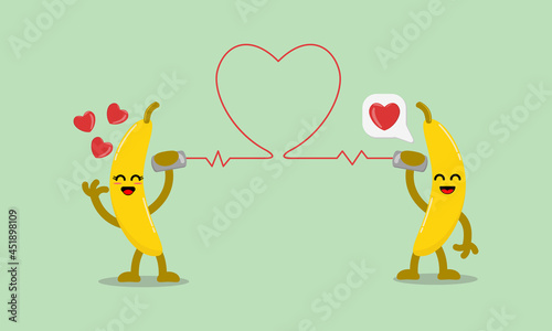 Illustration vector cartoon character of cute banana says fall in love with each other through the cans phone. Suitable for design of valentine's day and romance