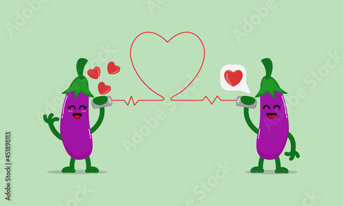 Illustration vector cartoon character of cute eggplant says fall in love with each other through the cans phone. Suitable for design of valentine's day and romance