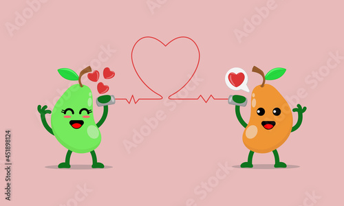 Illustration vector cartoon character of cute mango says fall in love with each other through the cans phone. Suitable for design of valentine's day and romance