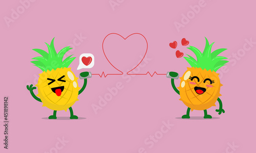 Illustration vector cartoon character of cute pineapple says fall in love with each other through the cans phone. Suitable for design of valentine's day and romance