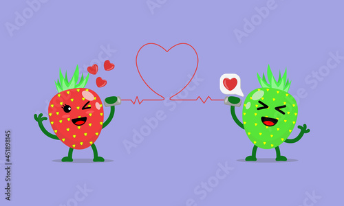 Illustration vector cartoon character of cute strawberry says fall in love with each other through the cans phone. Suitable for design of valentine's day and romance