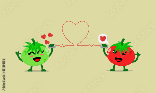 Illustration vector cartoon character of cute tomato says fall in love with each other through the cans phone. Suitable for design of valentine's day and romance