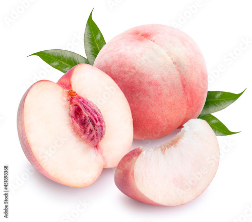 Peach fruit with leaf isolated on white background, Fresh Peach on White Background With clipping path, 