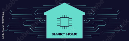 Smart home concept, modern technologies, future. Vector illustration of an abstract house stylistically designed in the form of microcircuits, lines. Web banner design template, site decoration.