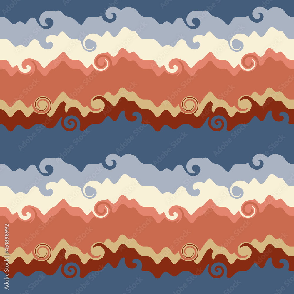 Abstract seamless pattern of waves and swirls. Wavy background of yellow, blue, gray and red colors Abstract seamless pattern of waves and swirls. Wavy background of yellow, blue, gray and red colors