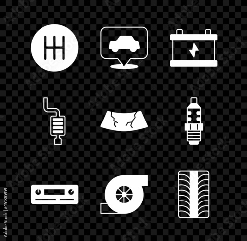 Set Gear shifter, Car service, battery, Audio, Automotive turbocharger, tire wheel, muffler and Broken windshield icon. Vector