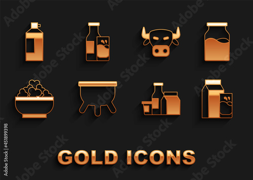 Set Udder, Bottle with milk, Paper package for kefir, Milk product, Cottage cheese, Cow head, Whipped cream in bottle and and glass icon. Vector