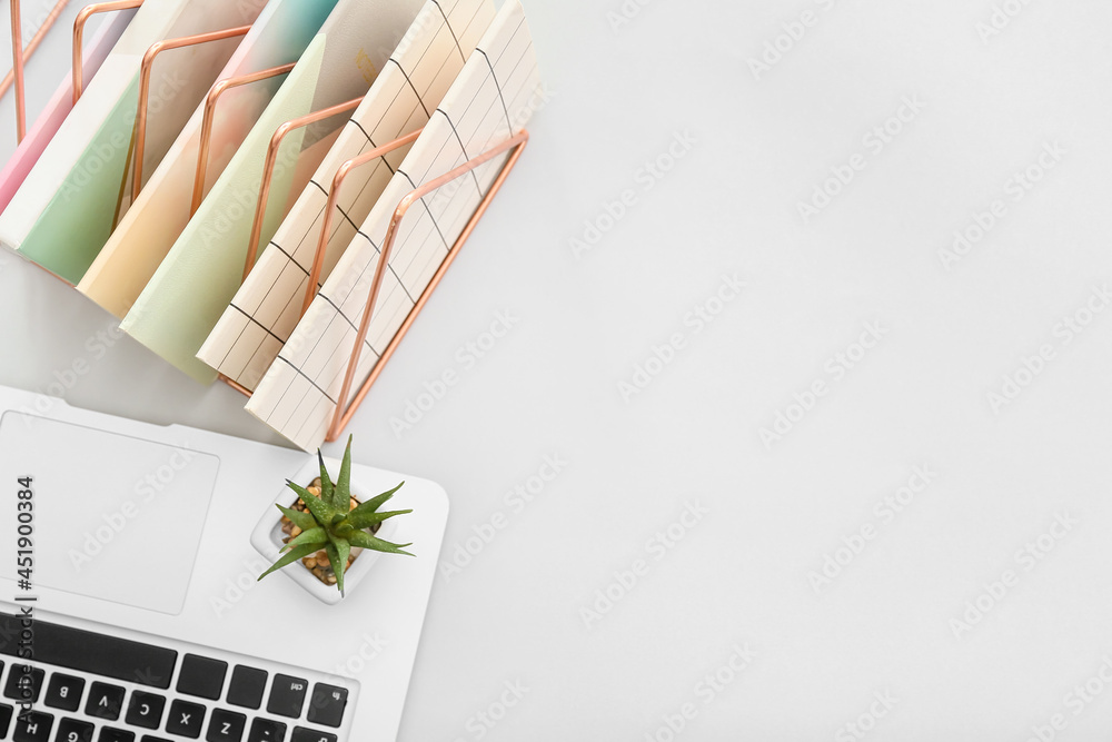 Notebooks with laptop and houseplant on light background