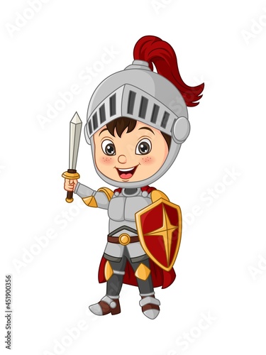 Cartoon knight boy holding sword and shield