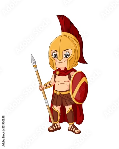 Obraz na plátně Cartoon spartan warrior boy holding spear and shield