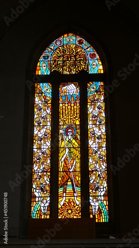 shot of the beautiful window art in a religious Christian or catholic chapel 
