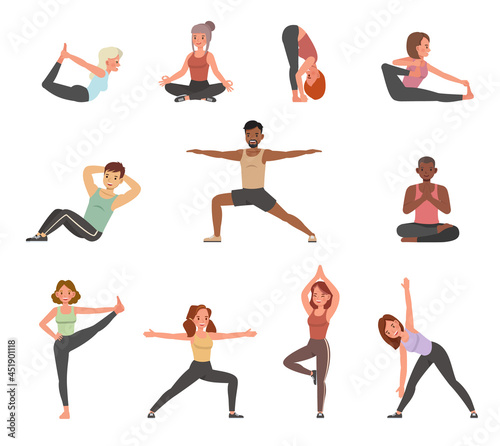 Man and woman doing yoga poses exercise character vector design.