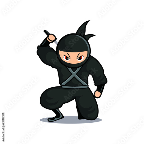 cartoon black ninja squat with sword in back