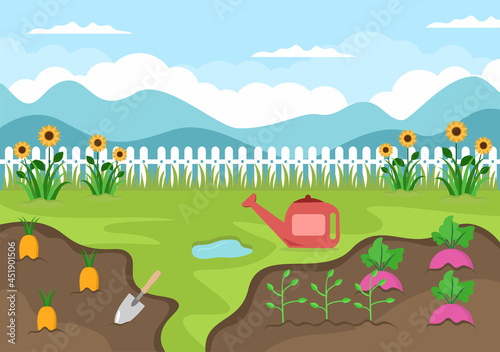 Farm Gardener Background Vector Illustration With A Landscape Of Gardens, Flowers, Vegetables Planted, Wheelbarrow, Shovel And Equipment in Flat Design Style