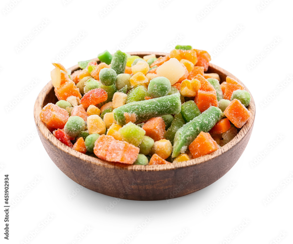 Bowl with mix of frozen vegetables on white background Bowl with mix of frozen vegetables on white background