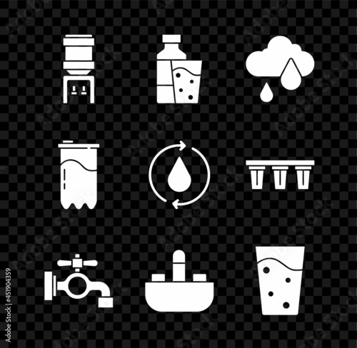 Set Water cooler, Bottle of water with glass, Cloud rain, tap, Washbasin, Glass, filter cartridge and Recycle clean aqua icon. Vector