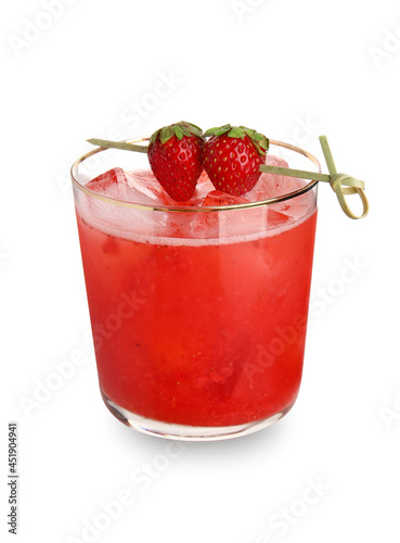 Glass of tasty strawberry margarita on white background