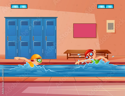 Illustration of kids swimming in an indoor swimming pool