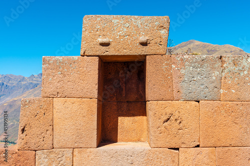 Inca wall architecture in Pisac, Cusco region, Peru. photo