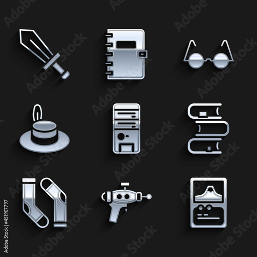 Set Computer, Ray gun, Card game, Book, Socks, Man hat, Eyeglasses and Sword for icon. Vector