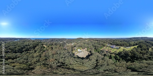 Aerial 360 degree images of New south wales Australian homes on large acre plots with distance ocean view.
