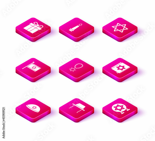 Set Jewish kippah, Orthodox jewish hat, Flag of Israel, Star David necklace on chain, synagogue, torah book, and Burning candle icon. Vector