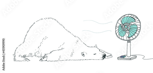 暑い夏に扇風機で涼むしろくまのイラスト。
