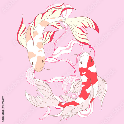 two fish with spots white and red in the Japanese style with seaweed