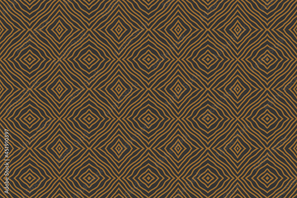 Seamless wallpaper with golden overlapping stripes composed of tiled polygons on a gray background, for silk pattern, tribal retro fabric pattern, beautiful curtain pattern.