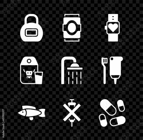 Set Kettlebell, Soda can, Smart watch, Fish, No doping syringe, Vitamin pill, Paper package for milk and Shower head icon. Vector