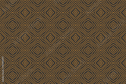 Seamless wallpaper with golden overlapping stripes composed of tiled polygons on a gray background, for silk pattern, tribal retro fabric pattern, beautiful curtain pattern.