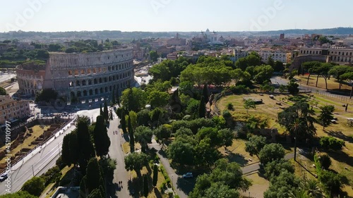 Aerial view over the Parco del Colle Oppio, towards the Colosseum, in Rome, Italy photo