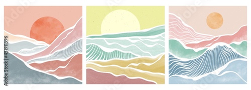 mountain and ocean wave on set. abstract contemporary aesthetic backgrounds landscapes. vector illustrations