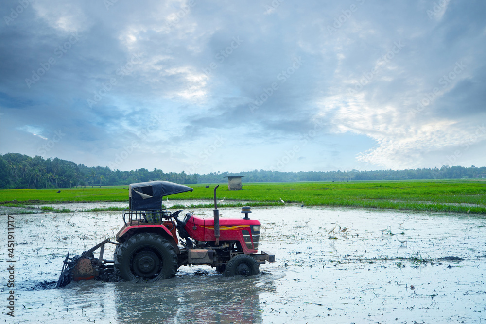 A tractor prepares a paddy field A tractor prepares a paddy field