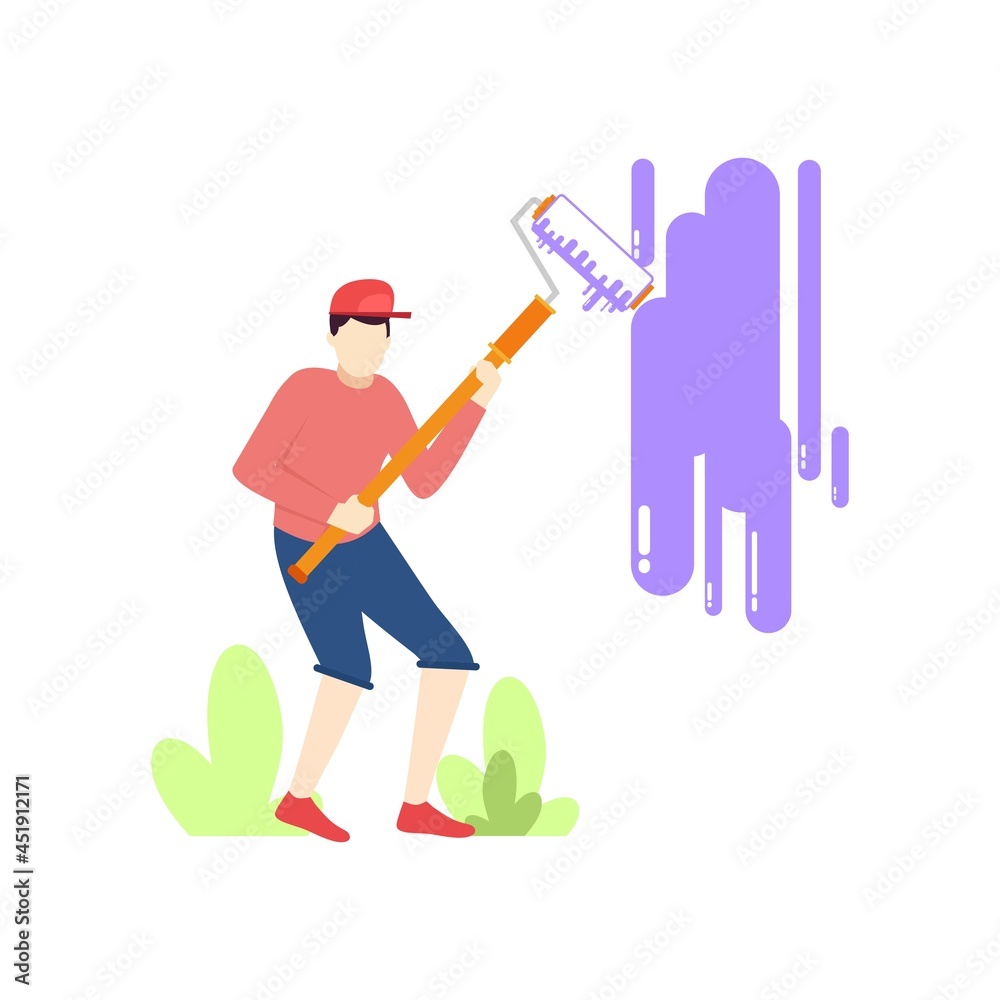 Man with paint roller art people character flat design vector illustration