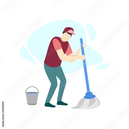 man wipe mop clean people character flat design vector illustration
