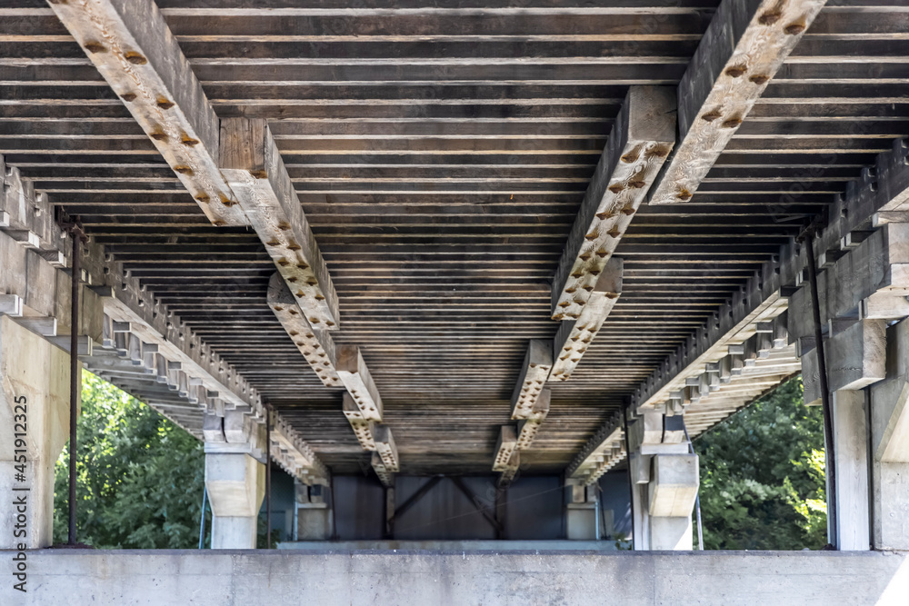 Underneath view of old Covered bridge structure in Frankenmuth, Michigan