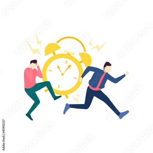 two man run avoid from alarm clock deadline people character flat design vector illustration