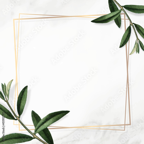 Gold frame with green leaves on white background vector