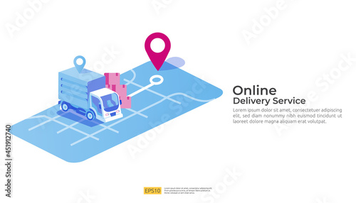 Online delivery service transportation illustration concept with warehouse parcel packages and map pin. order tracking, car, logistic cargo via Internet mobile phone or cellphone for landing page