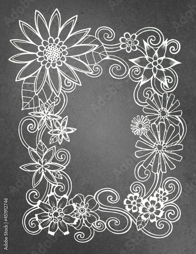 White hand drawn flowers on black chalkboard background illustration, cute wedding border design or frame with large abstract daisy and flower petals and leaves