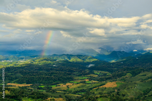 Rainbow hills rain Over Forest.