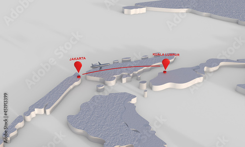 Photography jakarta to kuala lumpur by plane 3d rendering illustration